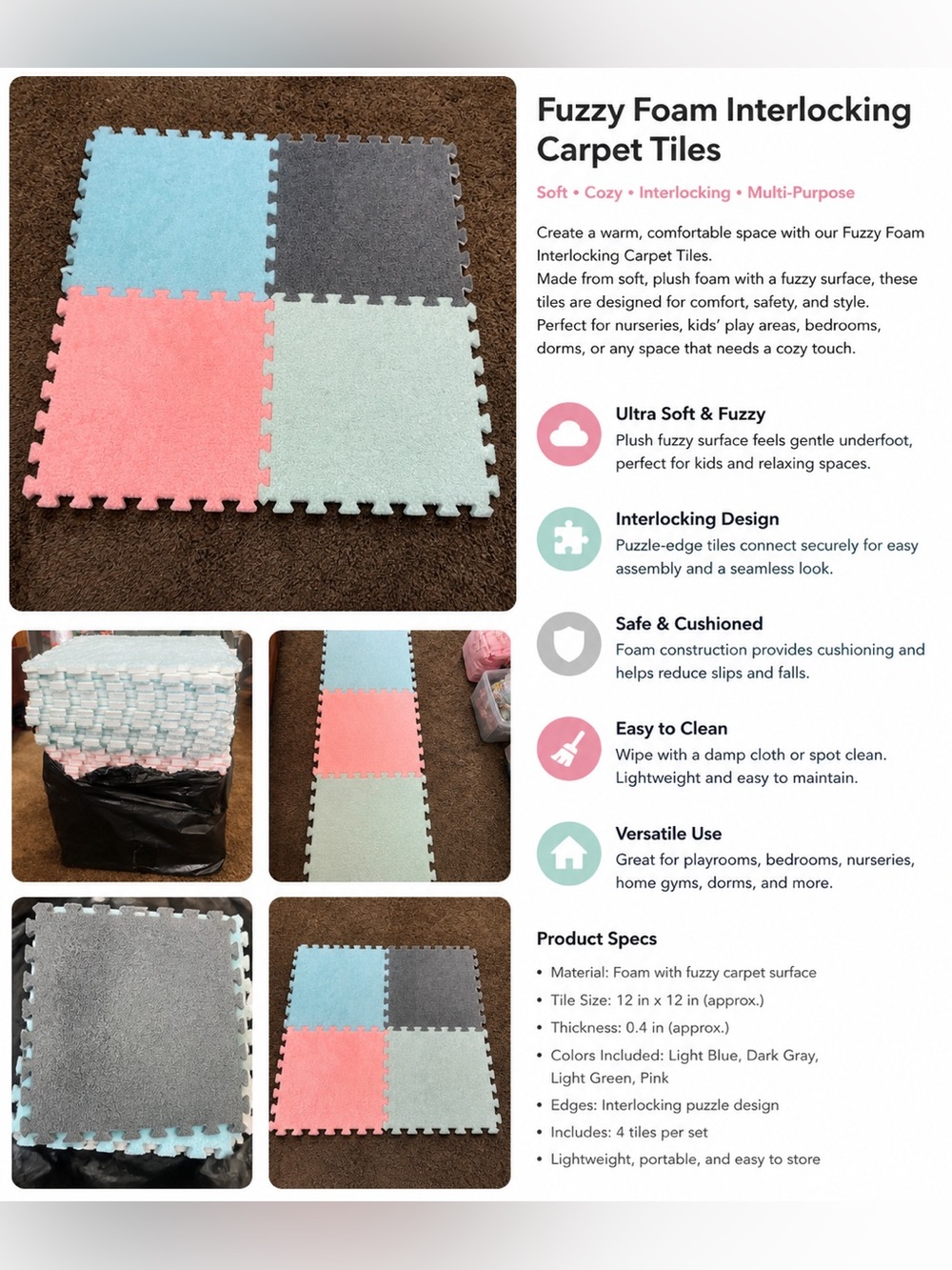 Fuzzy Foam Interlocking Carpet Tiles-Ultra Soft Plush Floor Mats